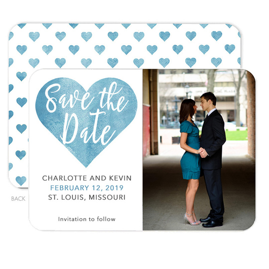 Blue Watercolor Heart Photo Save The Date Announcements